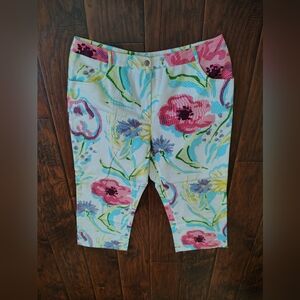 Floral Print Capri Pants in White with Pink & Turquoise Accents